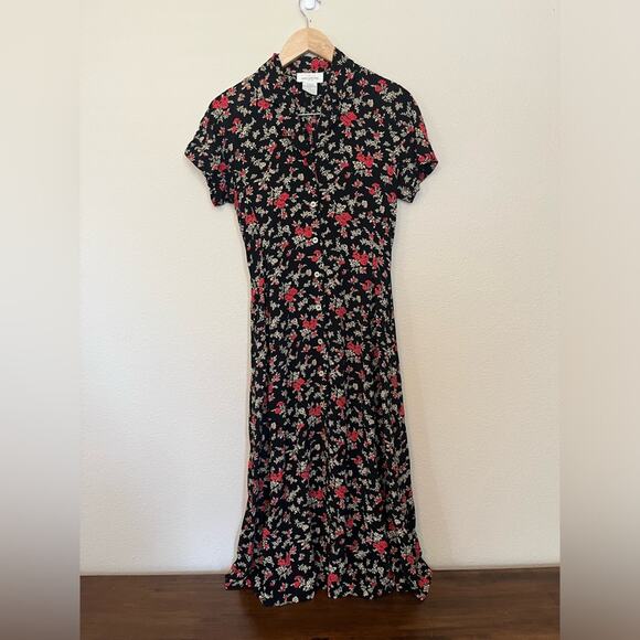 Vintage Jones New York Midi Dress 90s Button Floral Short Sleeve Black/red sz 2 - Picture 1 of 15